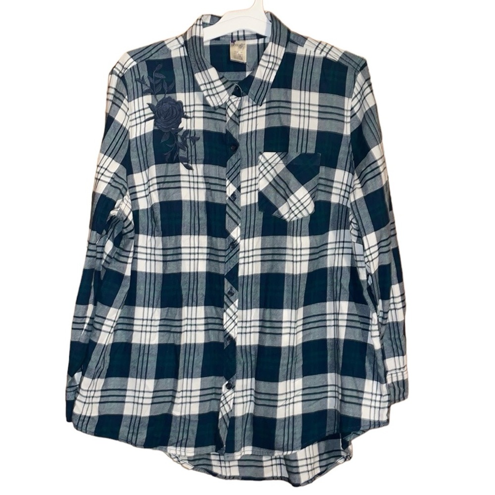 •TERRA & SKY•BLUE & GREEN PLAID FLORAL EMBROIDERED BUTTON UP FLANNEL BLOUSE  0X